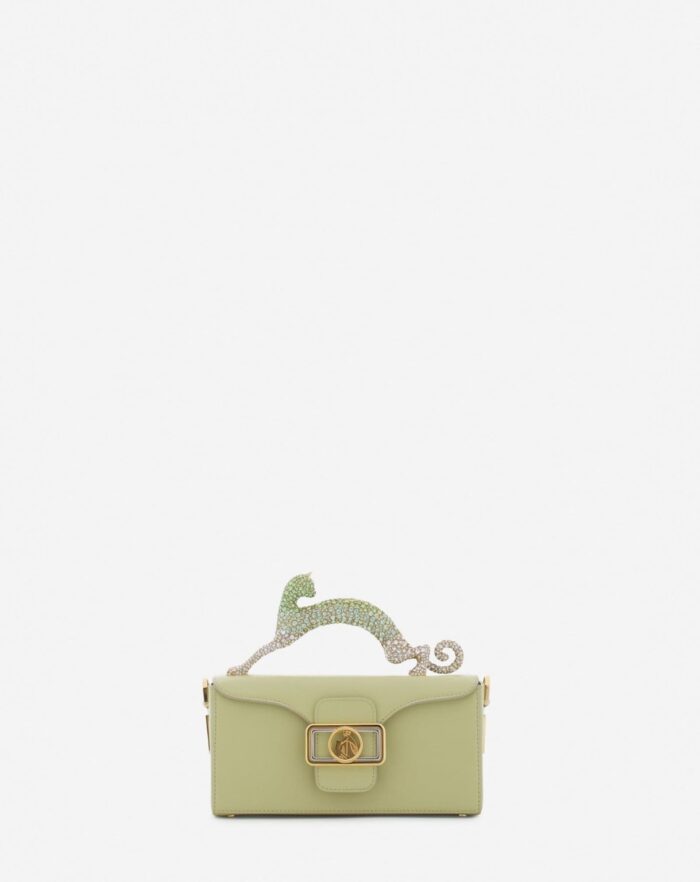 Women’s Nano pencil cat bag in leather and rhinestones Almond/Vanilla
